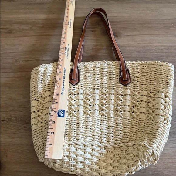 Woven Cream Tote Bag with Brown Handles - Picture 2 of 2